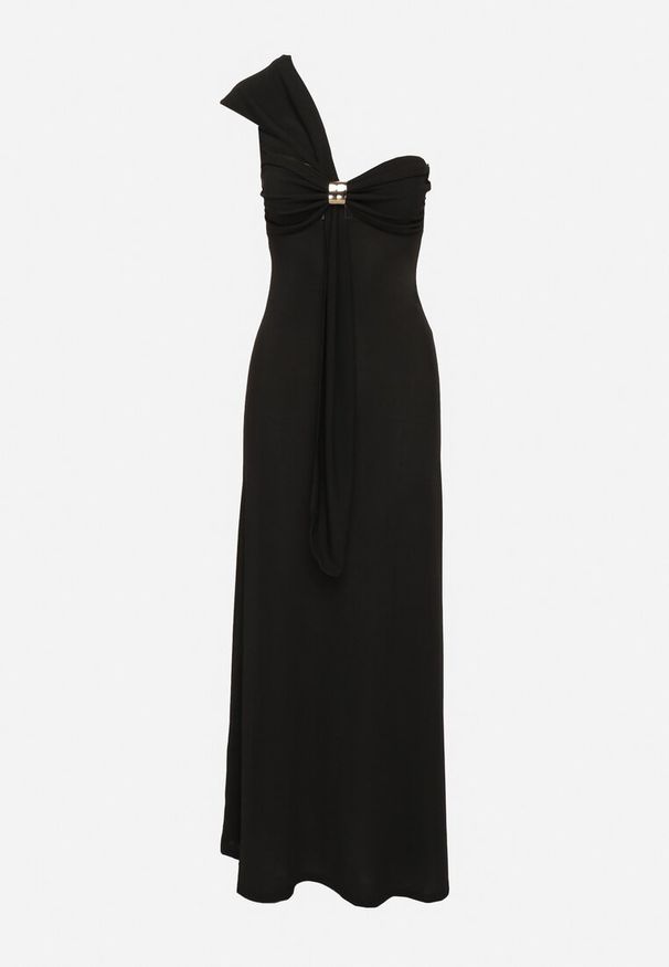 Born2be - Czarna Koktajlowa Taliowana Sukienka na Jedno Ramię z Metaliczną Ozdobą Divalline. Okazja: na imprezę. Kolor: czarny. Wzór: aplikacja. Typ sukienki: asymetryczne. Styl: wizytowy