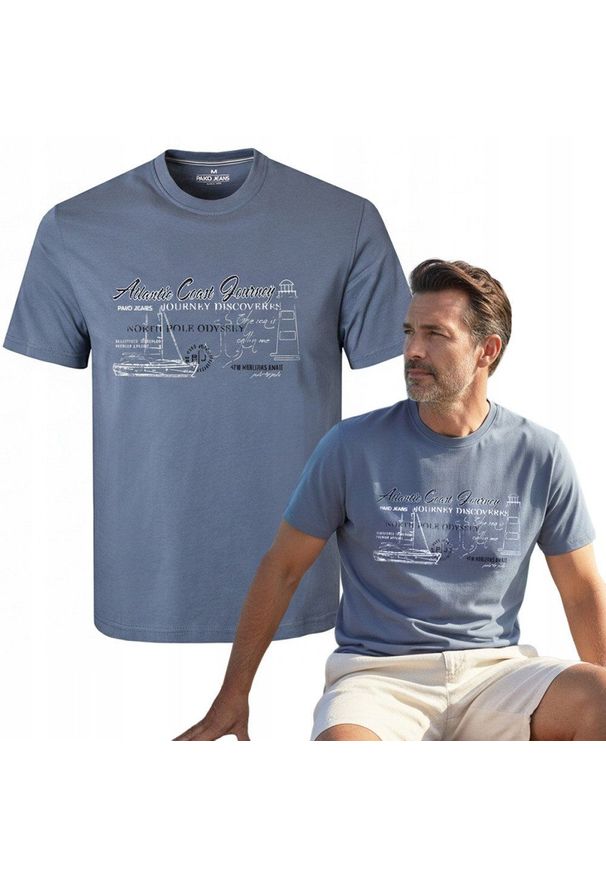 Męska Koszulka (T-Shirt) - Pako Jeans - Szaroniebieski, Motyw Żeglarski, Morski. Okazja: na co dzień. Kolor: niebieski. Materiał: bawełna. Wzór: nadruk. Styl: casual