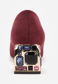 Renee - Bordowe Czółenka na Słupku Ozdobionym Cyrkoniami z Wkładką ze Skóry Clesina. Okazja: na co dzień. Kolor: czerwony. Materiał: skóra. Wzór: aplikacja. Obcas: na słupku. Styl: wizytowy, casual, elegancki. Wysokość obcasa: średni #10