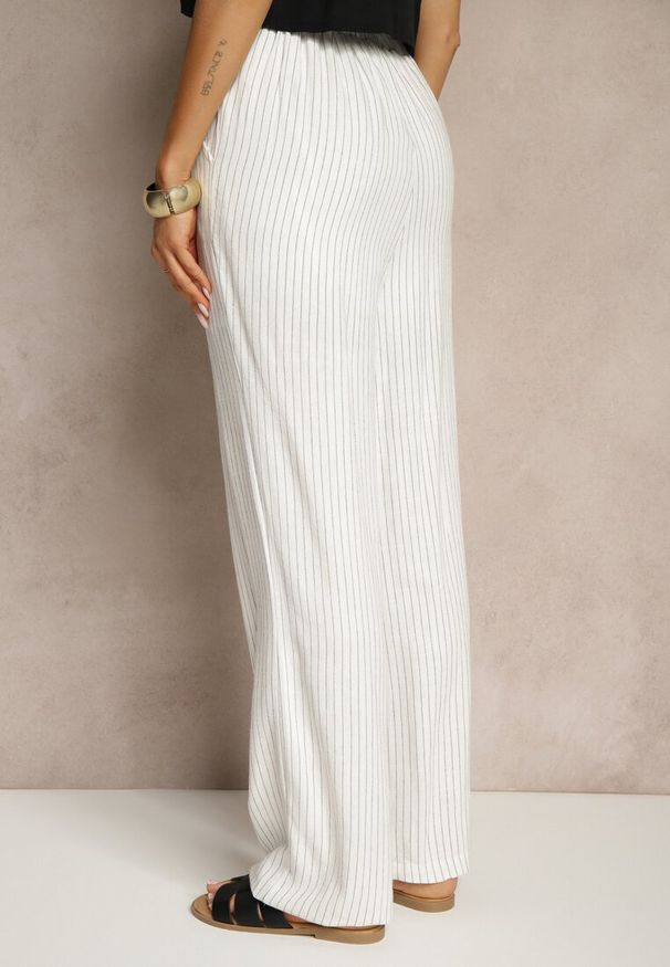 Renee - Białe Szerokie Spodnie High Waist z Lnu i Bawełny Ivelpio. Okazja: na co dzień. Stan: podwyższony. Kolor: biały. Materiał: bawełna, len. Styl: klasyczny, elegancki, casual