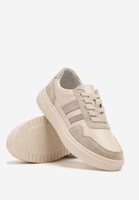 Renee - Beżowe Sneakersy ze Skóry Naturalnej Ozdobione Paskami Arabbela. Okazja: na co dzień. Zapięcie: pasek. Kolor: beżowy. Materiał: skóra. Wzór: aplikacja #3