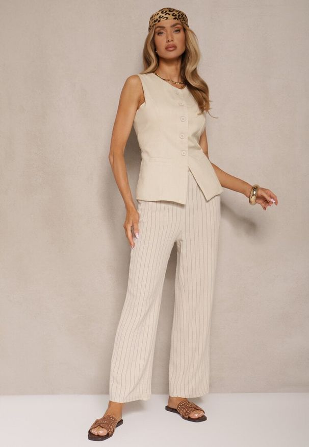 Renee - Jasnobeżowe Spodnie z Wiskozy High Waist Ozdobione Paskami Linariena. Okazja: na co dzień. Stan: podwyższony. Kolor: beżowy. Materiał: wiskoza. Wzór: aplikacja. Styl: klasyczny, casual, elegancki