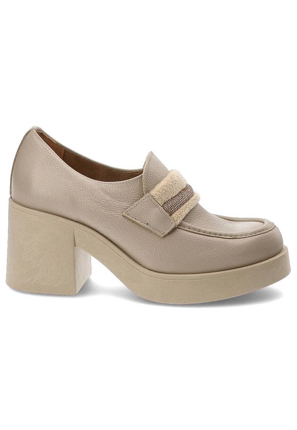 Beżowe Półbuty Lemar Wygodne Skórzane Buty. Okazja: na co dzień. Zapięcie: pasek. Kolor: beżowy. Materiał: skóra. Obcas: na obcasie. Styl: casual, elegancki. Wysokość obcasa: średni