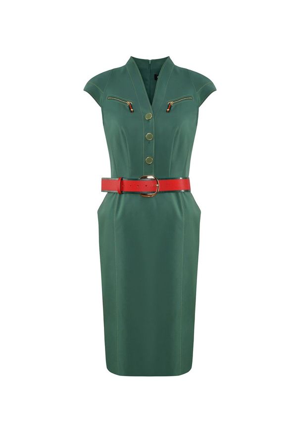 CATERINA - Zielona sukienka midi z paskiem. Kolor: zielony. Sezon: lato. Typ sukienki: dopasowane. Styl: elegancki. Długość: midi