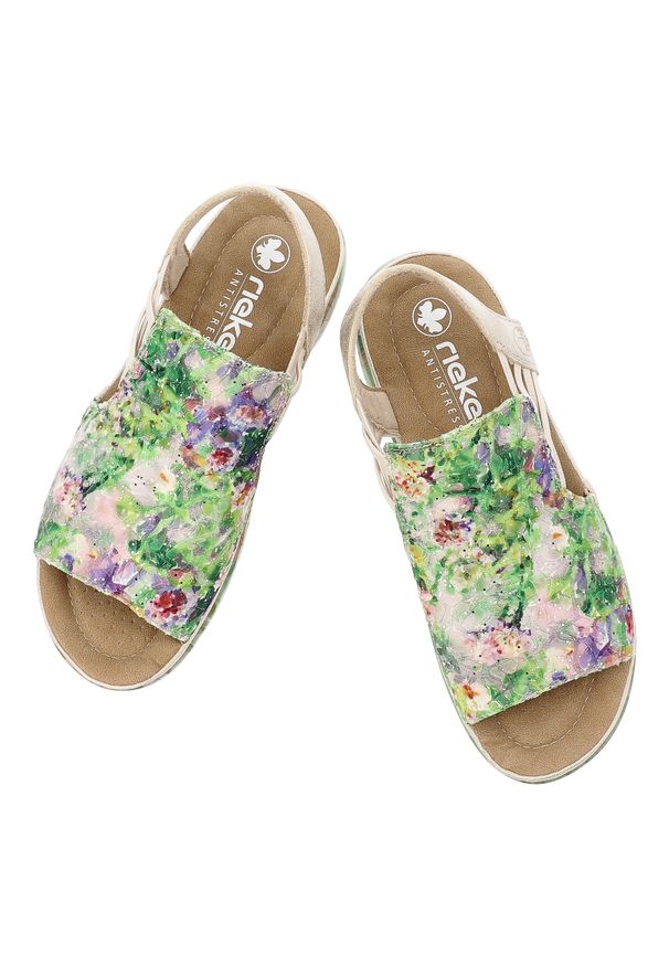 Sandały damskie Rieker, cholewka ze skóry ekologicznej z materiałowym wnętrzem i wsuwane, kolorowe, 64841-90. Zapięcie: bez zapięcia. Kolor: zielony. Materiał: materiał, skóra ekologiczna. Wzór: kolorowy