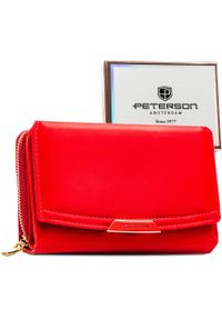 Czerwony portfel damski ze skóry ekologicznej zamykany na zatrzask i suwak - Peterson. Kolor: czerwony. Materiał: skóra ekologiczna #1