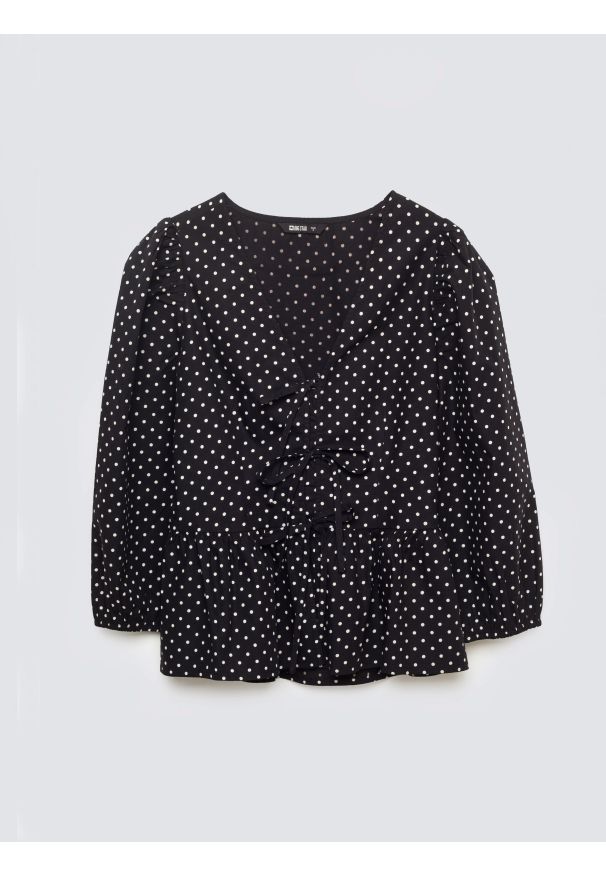 Big-Star - Bluzka damska z baskinką w kropki czarna Sori 906. Typ kołnierza: dekolt w kształcie V. Kolor: czarny. Materiał: bawełna. Wzór: kropki. Styl: klasyczny, elegancki