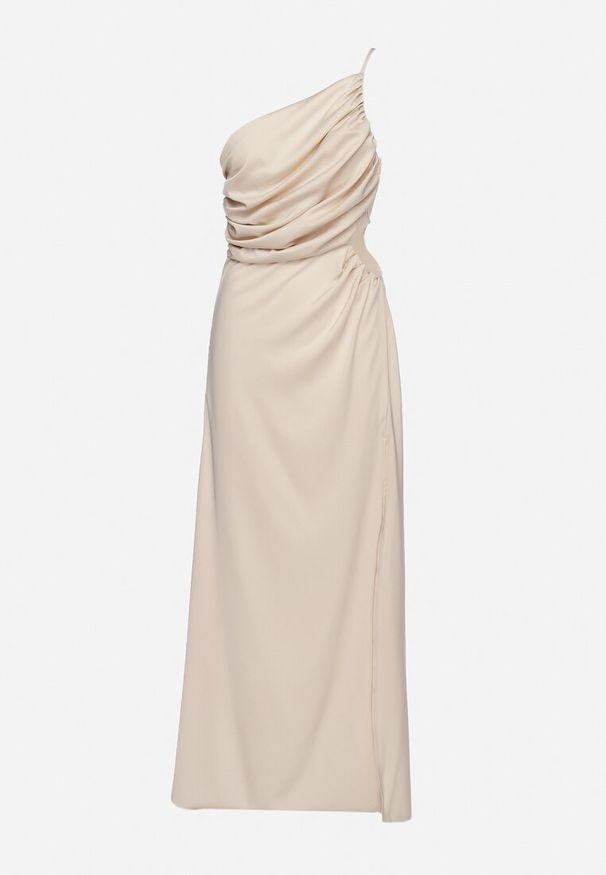 Born2be - Beżowa Satynowa Sukienka Asymetryczna Koktajlowa z Wycięciami w Talii i Drapowaniem Ciafisa. Kolor: beżowy. Materiał: satyna. Typ sukienki: asymetryczne. Styl: wizytowy