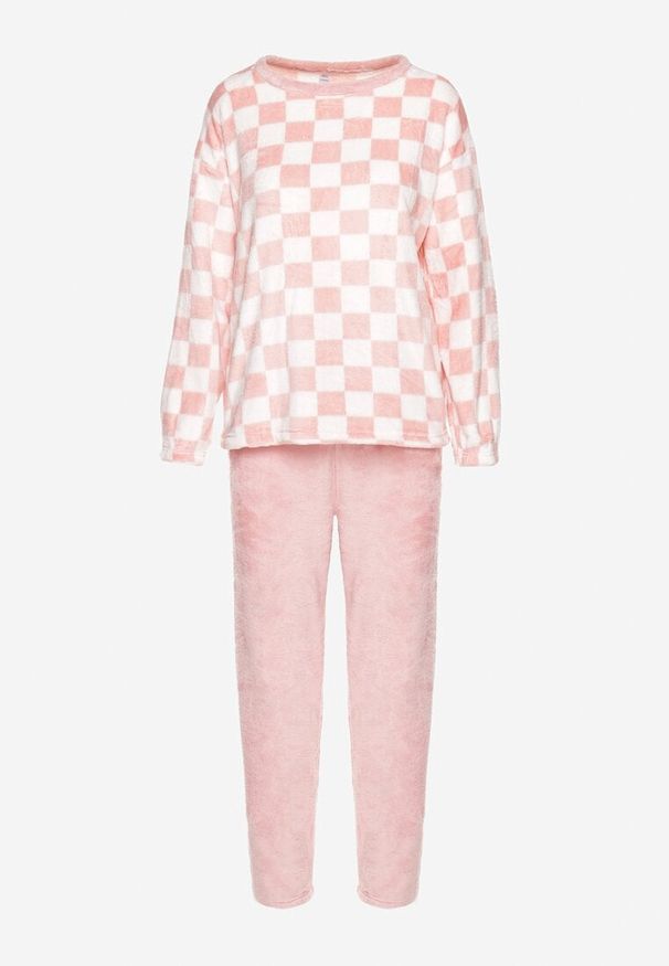 Born2be - Różowy Komplet Piżamowy Bluzka w Motywem Szachownicy i Spodnie z Gumką w Pasie Aeloma. Kolor: różowy. Materiał: jeans. Długość: długie. Wzór: aplikacja