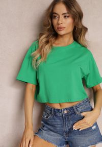 Renee - Zielony T-shirt o Fasonie Cropped Oversize Brighta. Kolor: zielony. Materiał: jeans