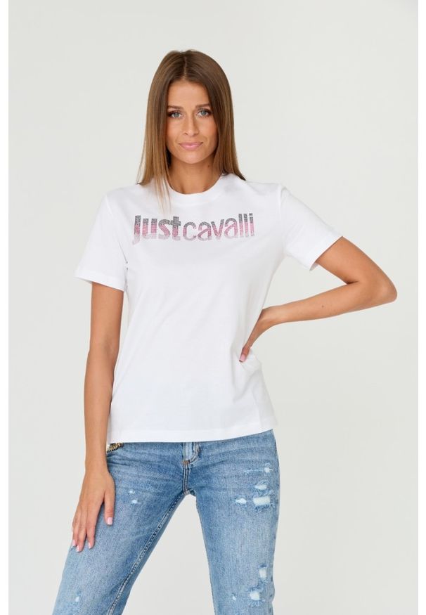 Just Cavalli - JUST CAVALLI Biały damski t-shirt R LOGO CRYSTAL, Rozmiar XL. Kolor: biały. Materiał: bawełna