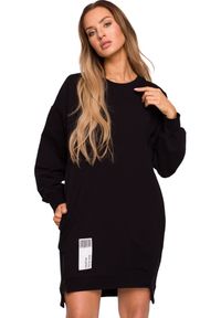 Produkt Polski - Sukienka bluza oversize asymetryczna bawełniana z zamkami czarna. Kolor: czarny. Materiał: bawełna. Typ sukienki: oversize, asymetryczne. Długość: mini