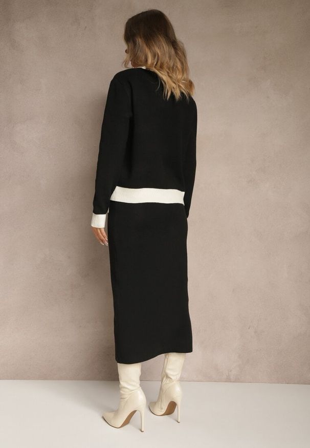 Renee - Czarno-Biały Sweterkowy Komplet z Dzianiny z Bawełną Kardigan i Spódnica Derrive. Kolor: czarny. Materiał: dzianina, bawełna. Wzór: aplikacja