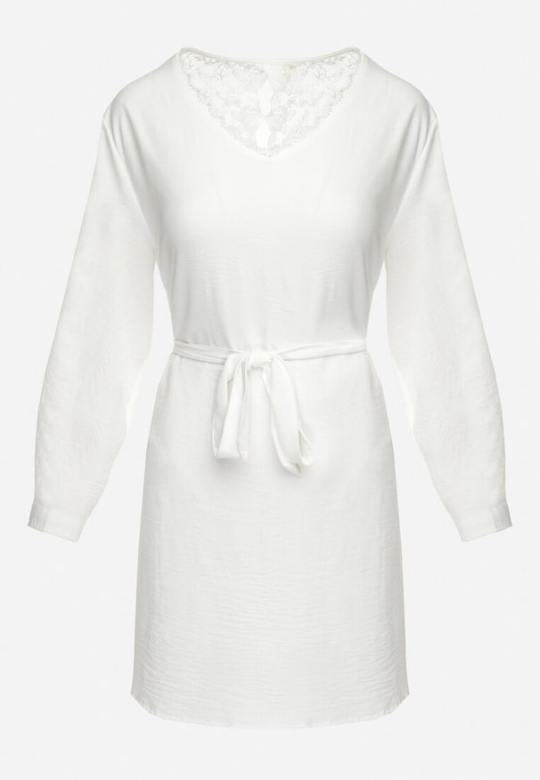 Born2be - Biała Sukienka Mini Rozkloszowana z Paskiem i Koronkową Wstawką Varanil. Okazja: na co dzień. Kolor: biały. Materiał: koronka. Styl: casual. Długość: mini