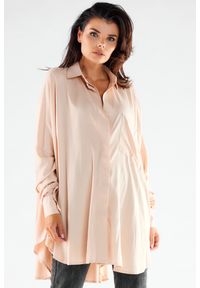 Awama - Koszula Oversize z Wydłużonym Tyłem - Beżowa. Kolor: beżowy. Materiał: poliester, elastan #1