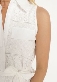 Born2be - Biała Bawełniana Sukienka Ażurowa o Koszulowym Kroju z Materiałowym Paskiem w Talii Vikiiana. Kolor: biały. Materiał: bawełna, materiał. Wzór: ażurowy. Typ sukienki: koszulowe. Styl: elegancki, wizytowy #6