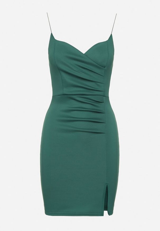 Born2be - Zielona Dopasowana Sukienka z Rozcięciem na Nogę Lunitena. Kolor: zielony. Materiał: materiał. Typ sukienki: dopasowane. Styl: elegancki, klasyczny
