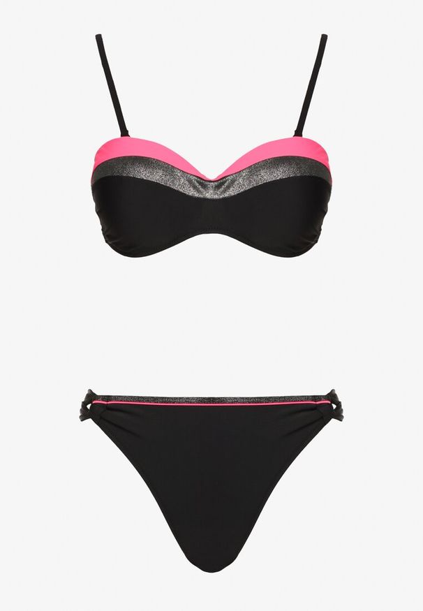 Born2be - Różowo-Czarne Bikini Figi i Usztywniany Biustonosz Ozdobiony Metaliczną Nicią Artellia. Kolor: różowy. Wzór: aplikacja