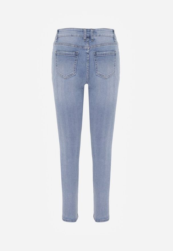 Renee - Niebieskie Jeansy Slim z Bawełny Ozdobione Przetarciami Vikiania. Okazja: na co dzień. Kolor: niebieski. Wzór: aplikacja. Styl: casual