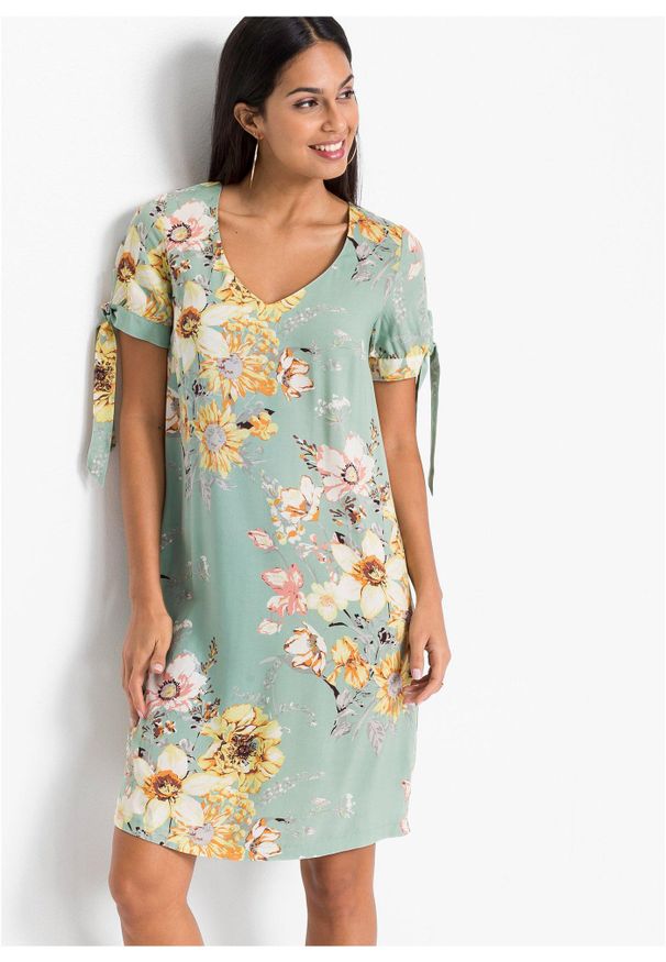 bonprix - Sukienka z lejącej wiskozy. Kolor: zielony. Materiał: wiskoza. Wzór: nadruk, aplikacja. Styl: elegancki