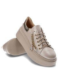 DAMISS - Beżowe Sneakersy Damiss Wygodne Skórzane Buty. Kolor: beżowy. Materiał: skóra. Szerokość cholewki: normalna. Wzór: aplikacja #4