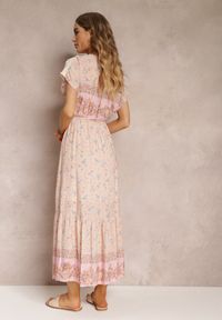Renee - Jasnoróżowa Rozkloszowana Sukienka Maxi z Gumkami w Pasie z Bawełny Besie. Okazja: na co dzień. Kolor: różowy. Materiał: bawełna. Długość rękawa: krótki rękaw. Typ sukienki: rozkloszowane. Styl: casual. Długość: maxi