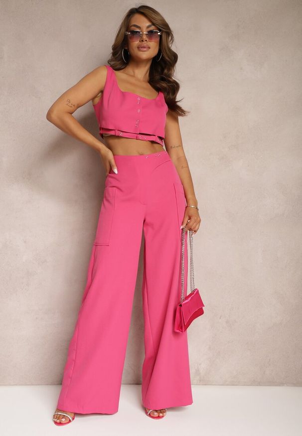 Renee - Fuksjowe Spodnie z Szerokimi Nogawkami High Waist Nestajoan. Stan: podwyższony. Kolor: różowy