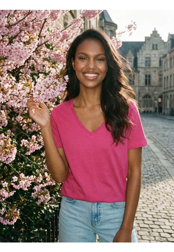 Sinsay - Bawełniana koszulka z gęstego splotu Interlock - różowy. Kolor: różowy. Materiał: bawełna. Wzór: ze splotem