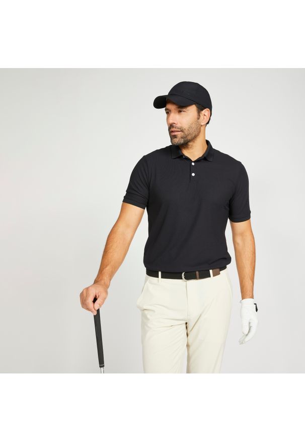 INESIS - Koszulka polo do golfa z krótkim rękawem męska Inesis WW500. Typ kołnierza: golf, polo. Kolor: czarny. Materiał: materiał, poliester. Długość rękawa: krótki rękaw. Długość: krótkie. Wzór: ze splotem