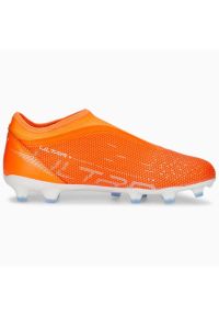 Buty piłkarskie Puma Ultra Match Ll FG/AG Jr 107229 01 pomarańczowe pomarańcze i czerwienie. Kolor: pomarańczowy. Materiał: materiał, syntetyk. Szerokość cholewki: normalna. Sport: piłka nożna