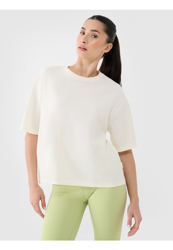 4f - 4F T-shirt regular z waflowej dzianiny damski - biały L. Okazja: na co dzień. Kolor: biały. Materiał: dzianina. Długość rękawa: krótki rękaw. Długość: krótkie. Wzór: kratka. Styl: casual, klasyczny, sportowy