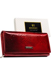 ROVICKY - Duży, czerwony portfel damski z lakierowanej skóry naturalnej, wyposażony w system RFID Rovicky RPN-20A-RSP. Kolor: czerwony. Materiał: skóra, lakier. Wzór: aplikacja #1
