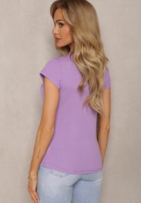 Renee - Fioletowy T-shirt z Bawełny Ozdobiony Koronką Naiel. Kolor: fioletowy. Materiał: bawełna, koronka. Wzór: aplikacja, koronka