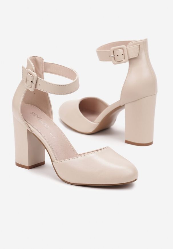 Born2be - Jasnobeżowe Eleganckie Czółenka na Słupku z Wkładką ze Skóry Naturalnej Belorine. Kolor: beżowy. Materiał: skóra. Obcas: na słupku. Styl: elegancki