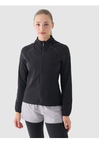 4f - 4F Kurtka do biegania Ultralight damska - czarna XL. Typ kołnierza: kołnierzyk stójkowy, kaptur. Kolor: czarny. Materiał: dzianina, materiał, włókno, tkanina. Długość: krótkie. Sport: bieganie, fitness #1