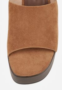 Born2be - Jasnobrązowe Klapki Drewniaki na Koturnie z Paskiem z Imitacji Zamszu Abiara. Okazja: na co dzień. Kolor: brązowy. Materiał: zamsz. Wzór: ażurowy, haft. Obcas: na koturnie. Styl: casual, klasyczny #7