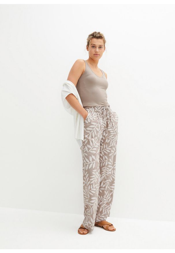 bonprix - Spodnie palazzo z nadrukiem. Kolor: brązowy. Wzór: nadruk. Styl: elegancki