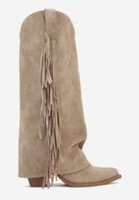 Born2be - Ciemnobeżowe Kozaki Kowbojki na Obcasie z Wywiniętą Cholewką z Frędzlami Monasatia. Okazja: do pracy. Kolor: beżowy. Materiał: dzianina, jeans. Szerokość cholewki: normalna. Wzór: aplikacja. Obcas: na obcasie. Styl: klasyczny, elegancki. Wysokość obcasa: średni #7