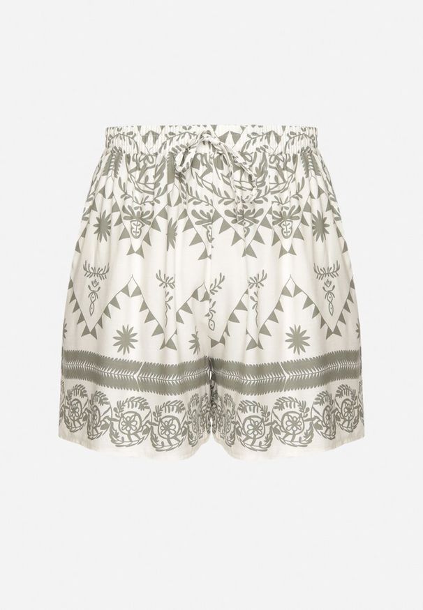 Born2be - Ciemnozielone Szorty z Wysokim Stanem i Geometrycznym Wzorem Filenea. Okazja: na co dzień. Stan: podwyższony. Kolor: zielony. Długość: długie. Wzór: geometria. Styl: elegancki, casual