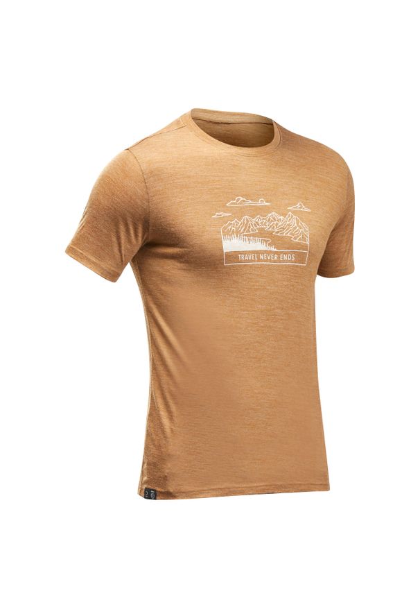 FORCLAZ - Koszulka trekkingowa męska z krótkim rękawem Forclaz Travel 100 merino. Kolor: wielokolorowy, beżowy, pomarańczowy. Materiał: akryl, wełna, materiał. Długość rękawa: krótki rękaw. Długość: krótkie. Sport: turystyka piesza