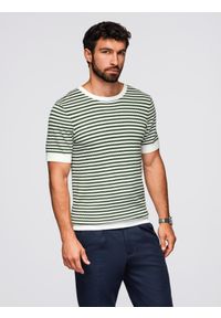 Ombre Clothing - Męski dzianinowy t-shirt w marynarskie paski z ażurowym splotem – oliwkowo-biały V3 - Rozmiar: L. Okazja: na spacer. Kolor: oliwkowy. Materiał: dzianina. Długość: krótkie. Wzór: ze splotem, ażurowy, paski. Sezon: lato. Styl: elegancki #4