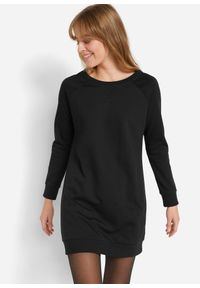 bonprix - Sukienka dresowa z miękkiego materiału frotte. Kolor: czarny. Materiał: materiał, dresówka. Długość rękawa: raglanowy rękaw. Wzór: prążki #1