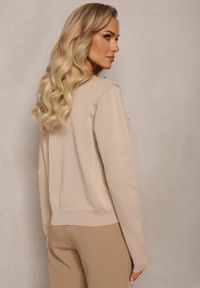 Renee - Beżowy Sweter Kardigan z Wiskozy Ozdobiony Cyrkoniami i Metalicznymi Koralikami Diomira. Kolor: beżowy. Materiał: wiskoza. Wzór: aplikacja #5