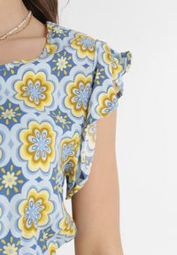 Born2be - Niebiesko-Żółta Bawełniana Sukienka Mini z Gumką w Talii Caara. Kolor: niebieski. Materiał: bawełna. Długość: mini #2