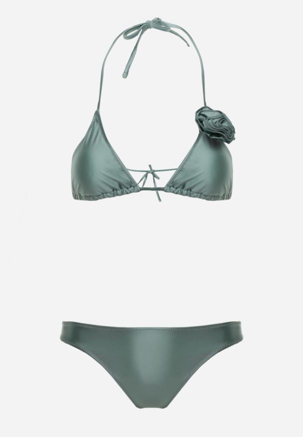 Renee - Jasnozielone Minimalistyczne Bikini Wiązany Biustonosz z Kwiatem 3D i Majtki Figi Evaris. Kolor: zielony. Wzór: kwiaty