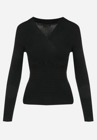 Born2be - Czarny Sweter Kopertowy z Prążkowanej Dzianiny Zaki. Okazja: na co dzień. Kolor: czarny. Materiał: prążkowany, dzianina. Długość rękawa: długi rękaw. Długość: długie. Styl: casual, rockowy, elegancki #4