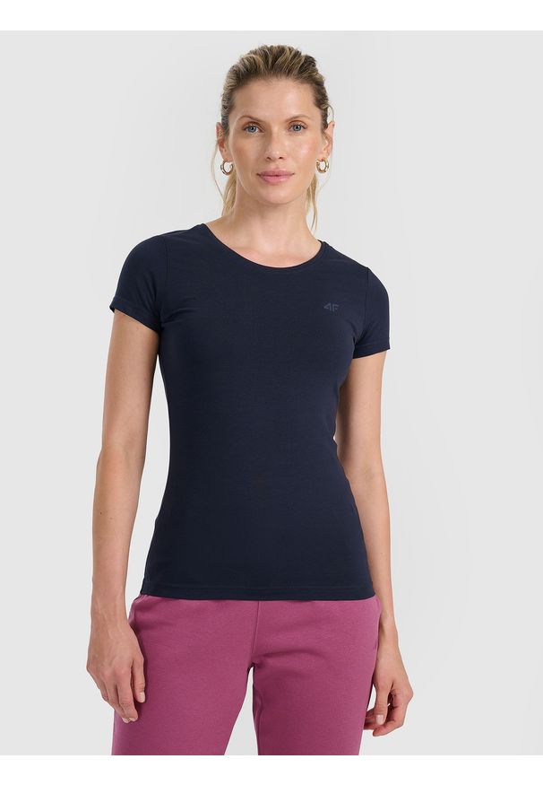 4f - 4F T-shirt slim gładki damski S. Okazja: do pracy, na co dzień, na spacer. Kolor: niebieski. Materiał: bawełna, elastan, materiał. Długość rękawa: krótki rękaw. Długość: krótkie. Wzór: gładki. Styl: sportowy, casual