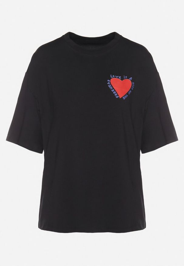 Born2be - Czarny Bawełniany T-shirt z Motywem Serca Liorlie. Okazja: na co dzień, na spacer. Kolor: czarny. Materiał: bawełna. Styl: klasyczny, casual