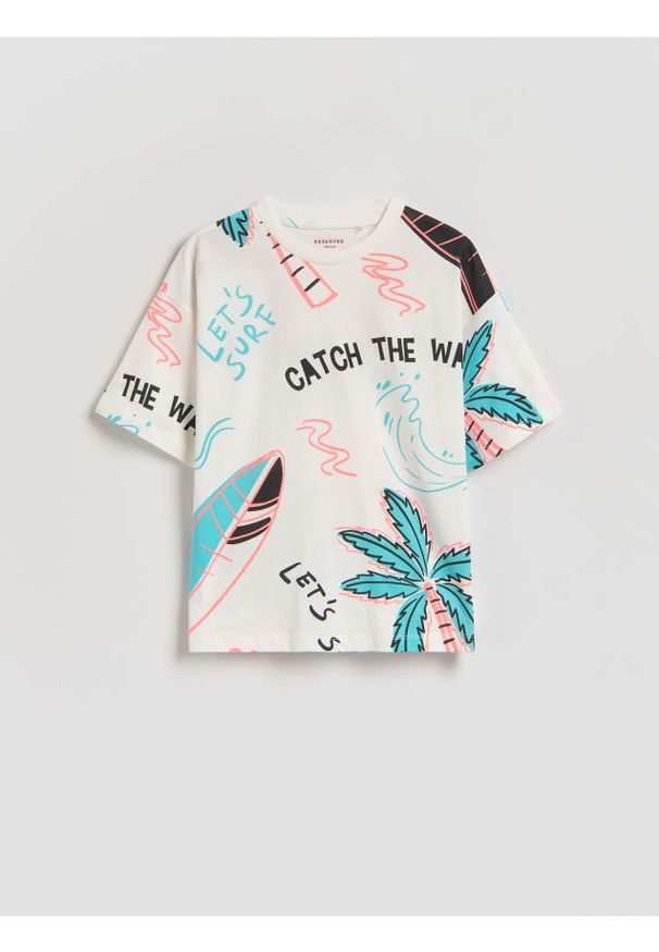 Reserved - Bawełniany t-shirt z nadrukiem - złamana biel. Materiał: bawełna. Wzór: nadruk