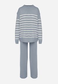 Born2be - Niebieski Komplet z Wełną i Bawełną Sweter w Paski i Szerokie Spodnie Neveena. Kolor: niebieski. Materiał: wełna, bawełna. Wzór: paski #3